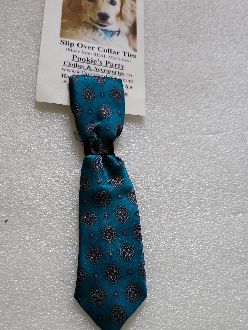 Hand Crafted Teal and Navy Medallion Slip-Over Collar Dog Tie